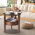 Round Natural Wood Coffee Table with Hidden Drawer, 2-Tier Rustic Retro End Table with Storage, Dark Brown
