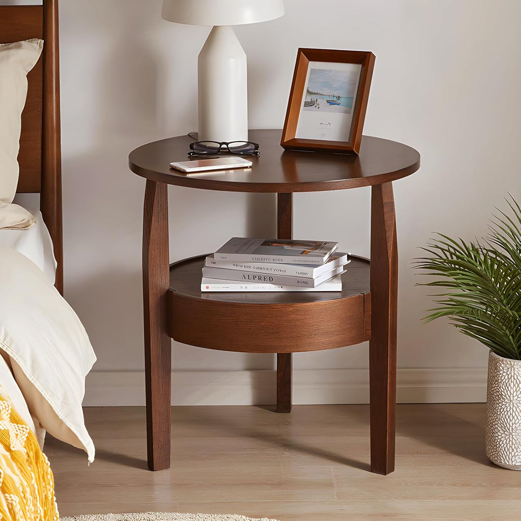 Round Natural Wood Coffee Table with Hidden Drawer, 2-Tier Rustic Retro End Table with Storage, Dark Brown