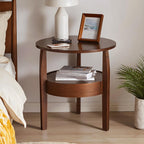 Round Natural Wood Coffee Table with Hidden Drawer, 2-Tier Rustic Retro End Table with Storage, Dark Brown