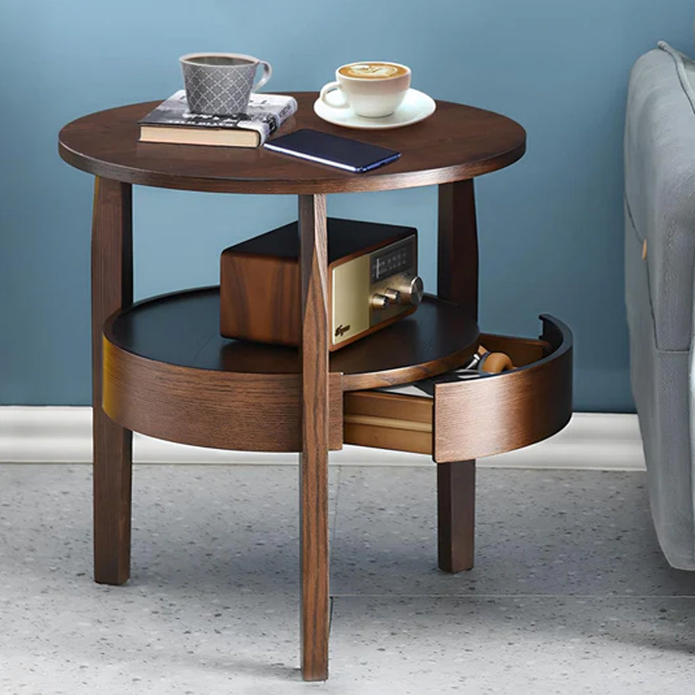 Round Natural Wood Coffee Table with Hidden Drawer, 2-Tier Rustic Retro End Table with Storage, Dark Brown