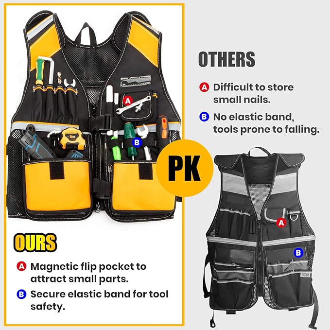 Tool Vest Electrician, Hi Vis Work Tool Vest for Men, Adjustable Carpenter Vest, 17 Pockets Tool Vest for Construction Workers