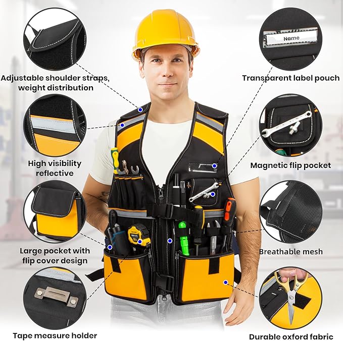 Tool Vest Electrician, Hi Vis Work Tool Vest for Men, Adjustable Carpenter Vest, 17 Pockets Tool Vest for Construction Workers