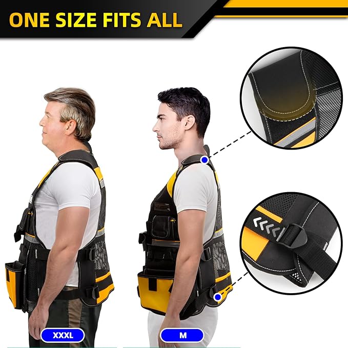 Tool Vest Electrician, Hi Vis Work Tool Vest for Men, Adjustable Carpenter Vest, 17 Pockets Tool Vest for Construction Workers