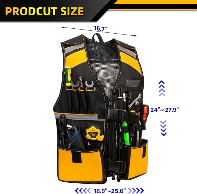 Tool Vest Electrician, Hi Vis Work Tool Vest for Men, Adjustable Carpenter Vest, 17 Pockets Tool Vest for Construction Workers