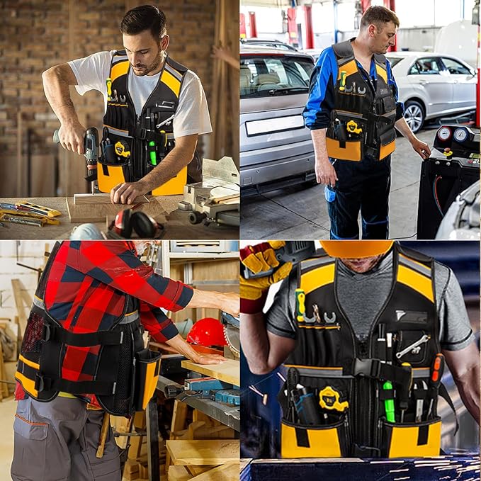 Tool Vest Electrician, Hi Vis Work Tool Vest for Men, Adjustable Carpenter Vest, 17 Pockets Tool Vest for Construction Workers