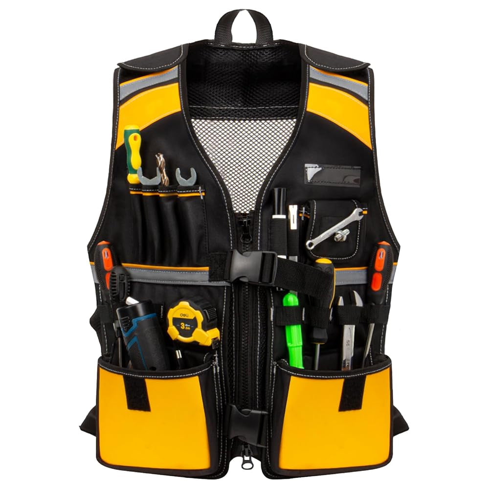 Tool Vest Electrician, Hi Vis Work Tool Vest for Men, Adjustable Carpenter Vest, 17 Pockets Tool Vest for Construction Workers