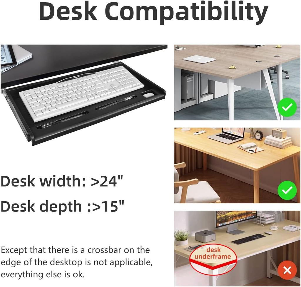 Under Desk Keyboard Tray, 20" Wx11"D Sturdy Key Board Tray Under Desk Slide with Pen Tray, Desk Extender with Pen Holder,Black