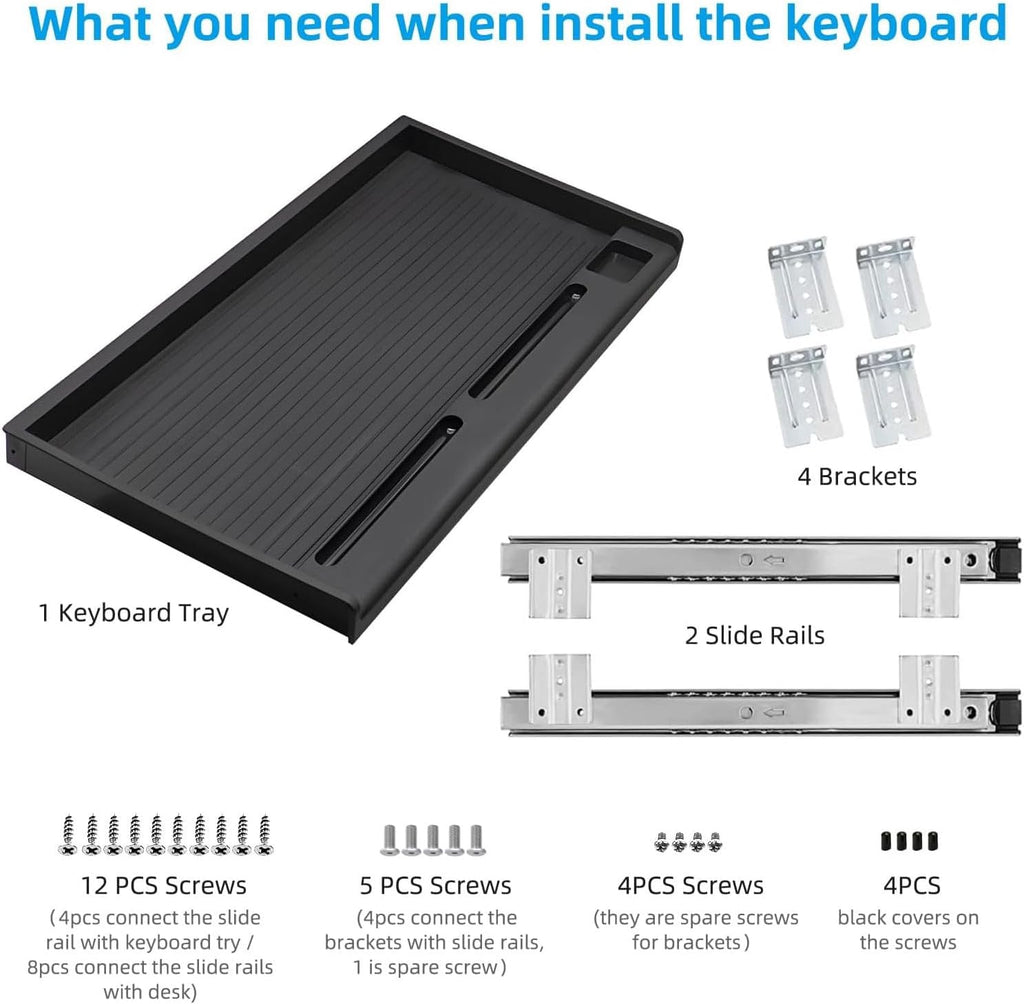 Under Desk Keyboard Tray, 20" Wx11"D Sturdy Key Board Tray Under Desk Slide with Pen Tray, Desk Extender with Pen Holder,Black