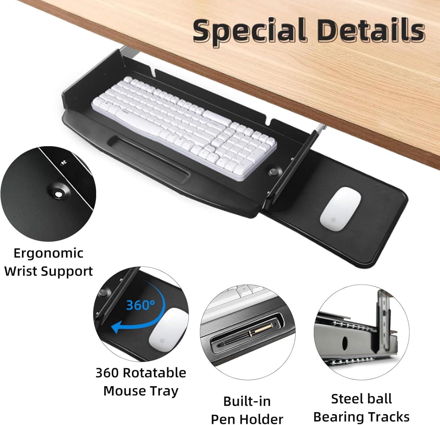 Under Desk Steel Keyboard Tray with 360° Rotating Mouse Platform