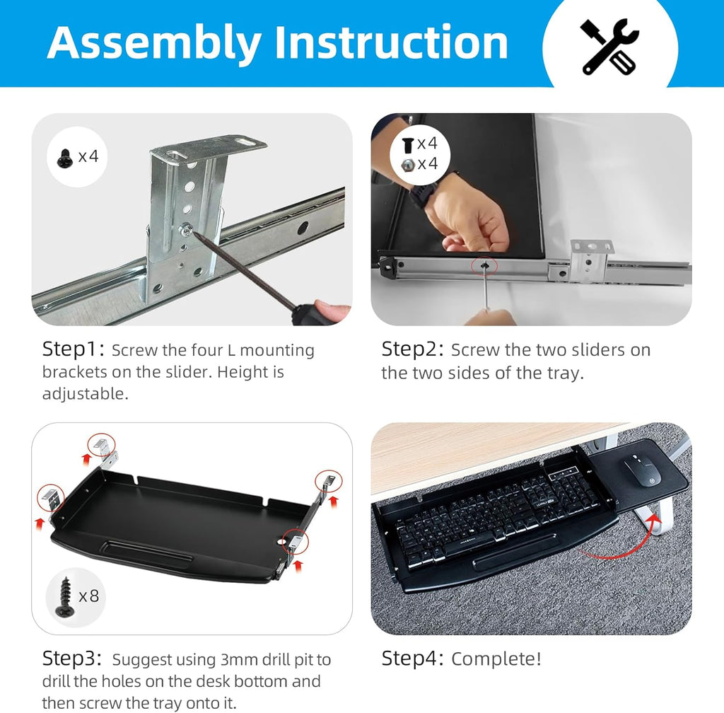 Under Desk Steel Keyboard Tray with 360° Rotating Mouse Platform