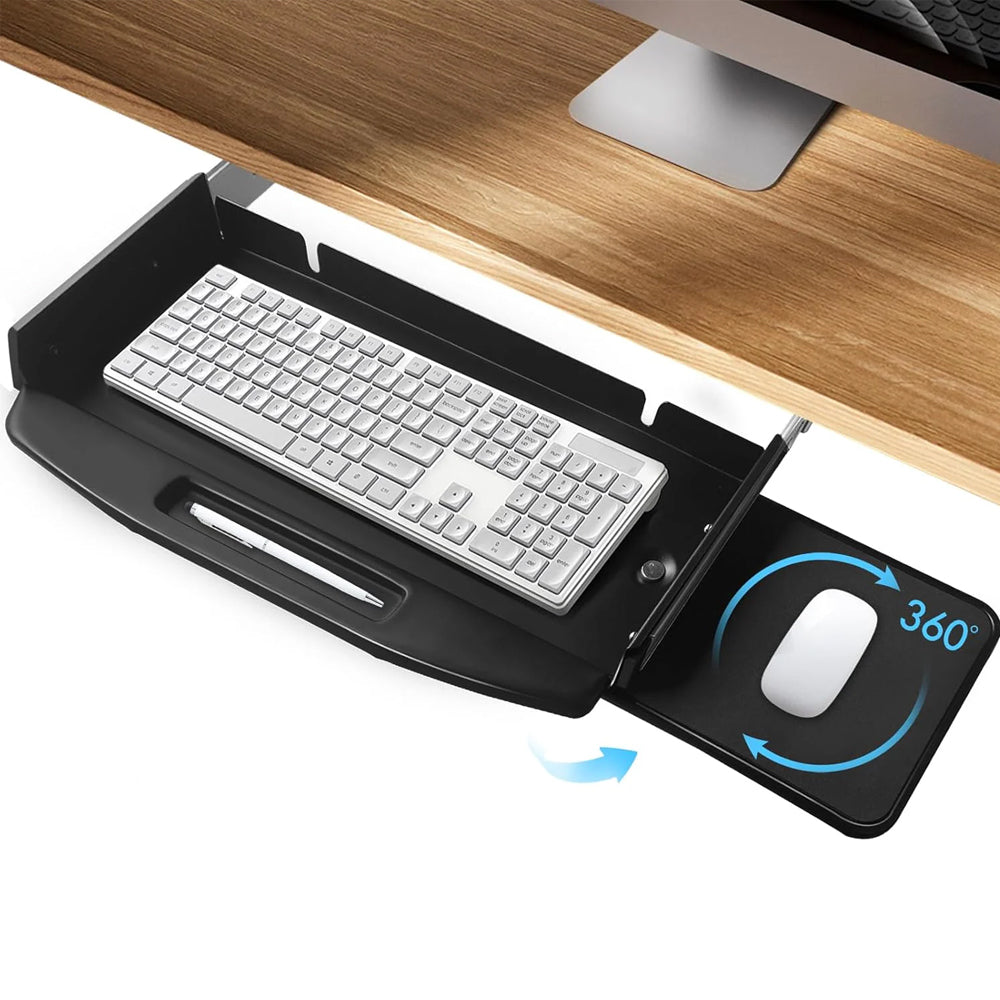 Metal Under Desk Mounted Keyboard Tray with Mouse Platform 28"Wx10"D,Steel Keyboard Tray Under Desk Slide with Rotational Mouse Platform, Black Keyboard Drawer Desk Extender