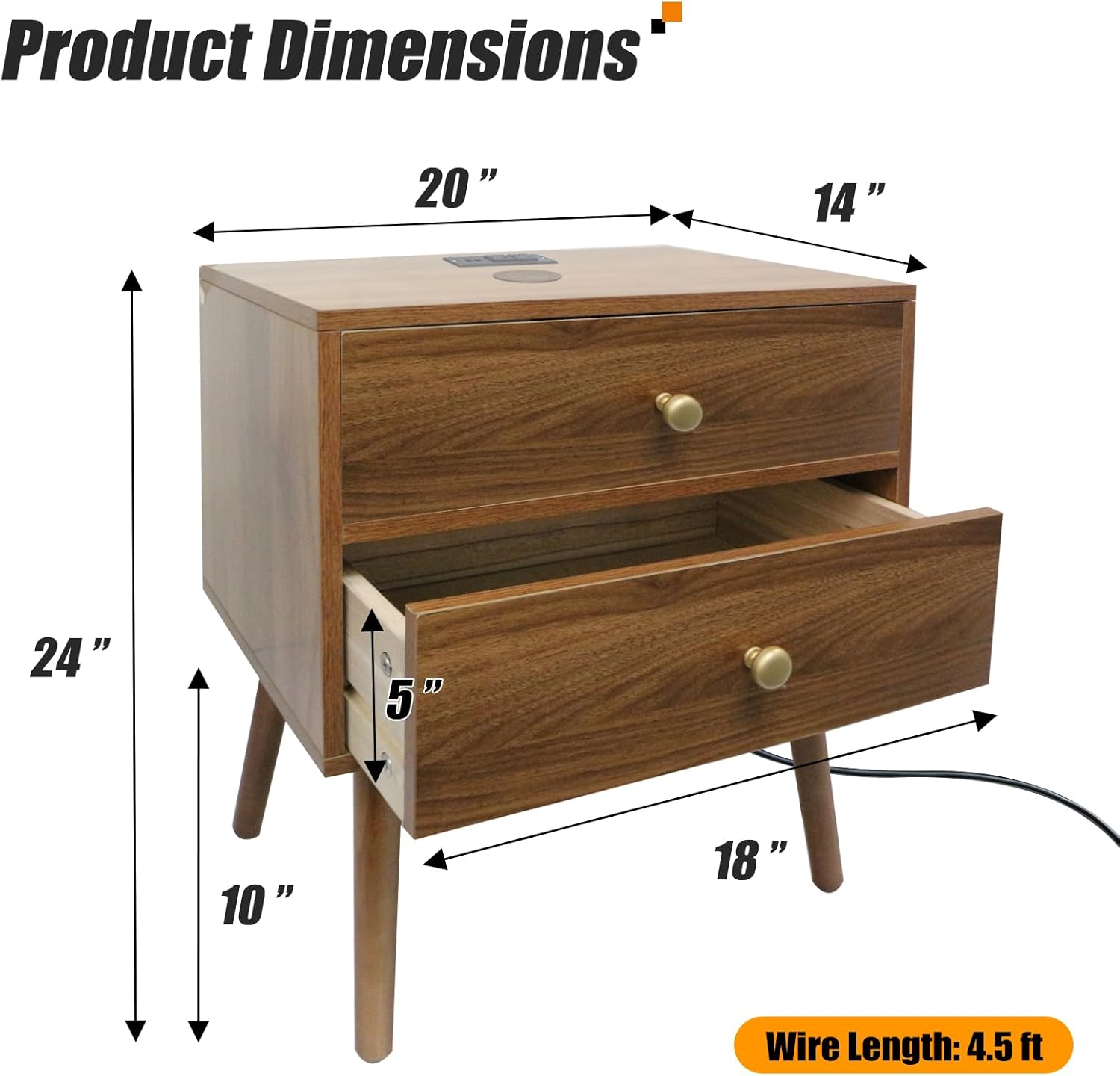 Wood Nightstand with Outlets on Top - 20" W x 14" D x 24" H Wide Bedside Table with Light and Wireless Charger, Wooden End Table with 2 Drawers, Mid Century Modern Nightstand with Charging Station