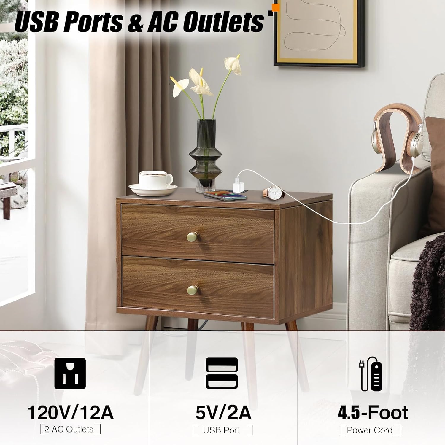 Wood Nightstand with Outlets on Top - 20" W x 14" D x 24" H Wide Bedside Table with Light and Wireless Charger, Wooden End Table with 2 Drawers, Mid Century Modern Nightstand with Charging Station
