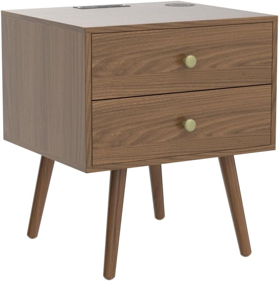 Wood Nightstand with Outlets on Top - 20" W x 14" D x 24" H Wide Bedside Table with Light and Wireless Charger, Wooden End Table with 2 Drawers, Mid Century Modern Nightstand with Charging Station