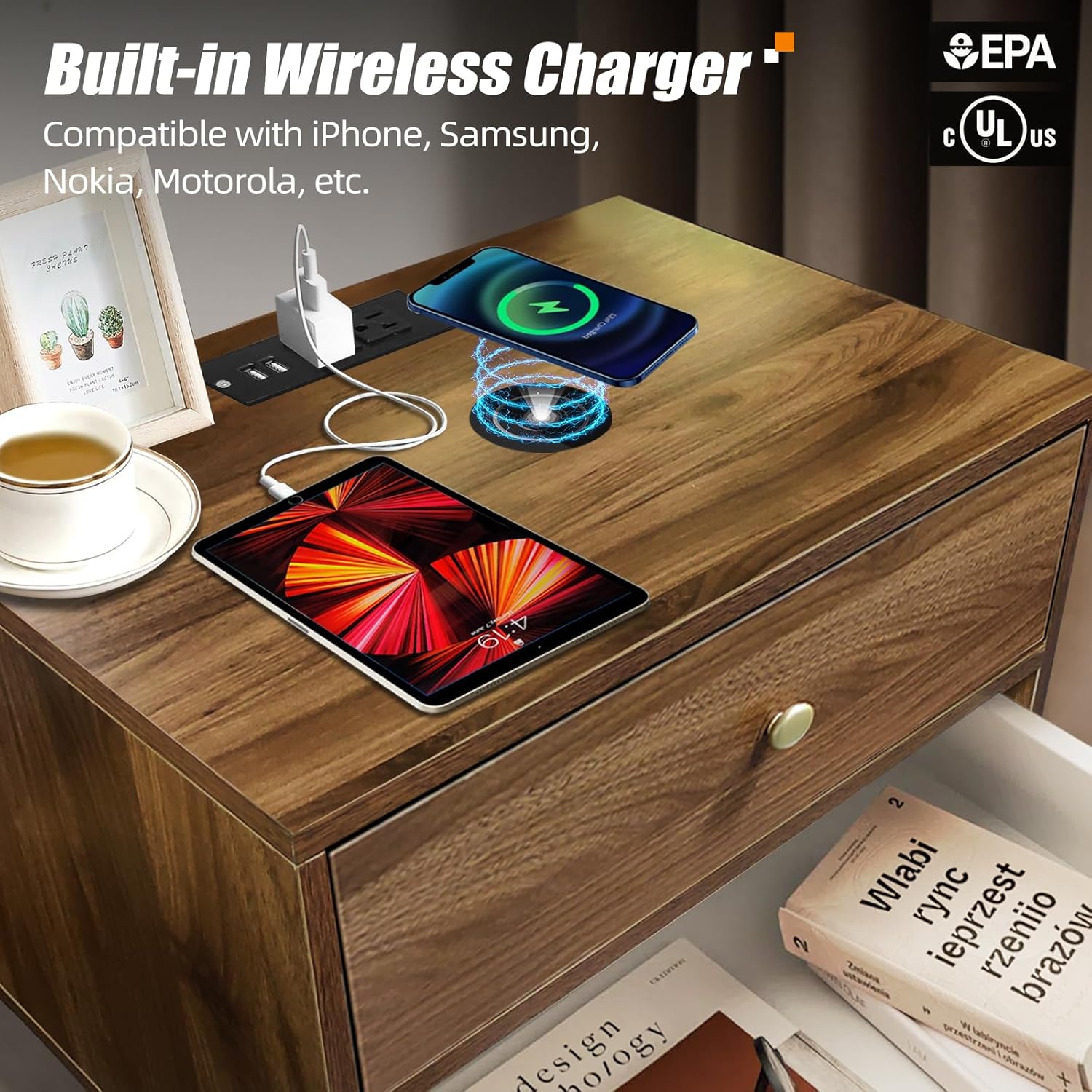 Wood Nightstand with Outlets on Top - 20" W x 14" D x 24" H Wide Bedside Table with Light and Wireless Charger, Wooden End Table with 2 Drawers, Mid Century Modern Nightstand with Charging Station