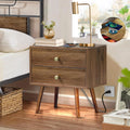 Wood Nightstand with Outlet on Right - 20" W x 14" D x 24" H End Table with Led Light and Wireless Charger, Wide Bedside Table with 1 Drawer, Mid Century Modern Nightstand, Dark Walnut