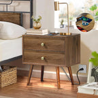 Wood Nightstand with Outlet on Right - 20" W x 14" D x 24" H End Table with Led Light and Wireless Charger, Wide Bedside Table with 1 Drawer, Mid Century Modern Nightstand, Dark Walnut