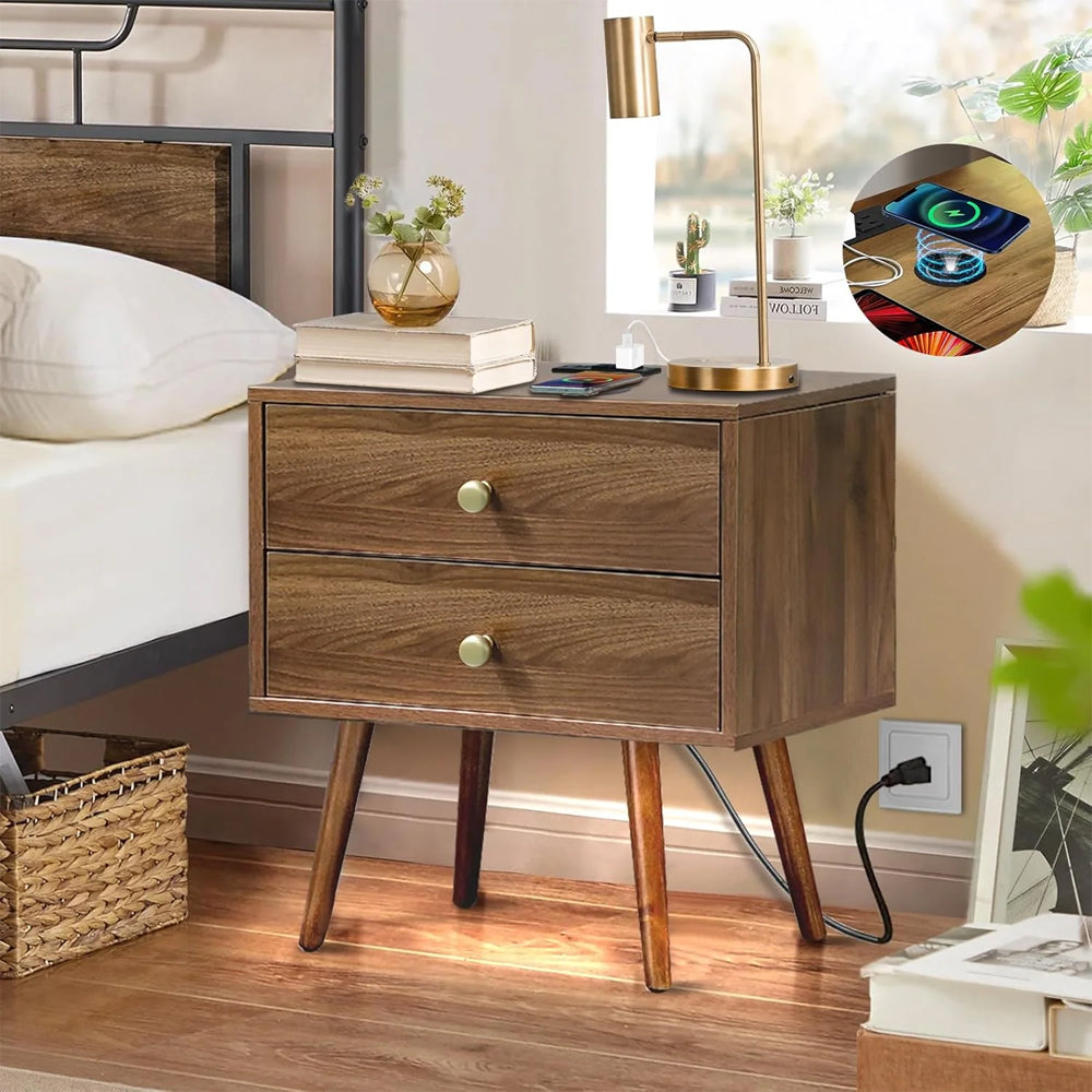 Wood Nightstand with Outlets on Top - 20" W x 14" D x 24" H Wide Bedside Table with Light and Wireless Charger, Wooden End Table with 2 Drawers, Mid Century Modern Nightstand with Charging Station