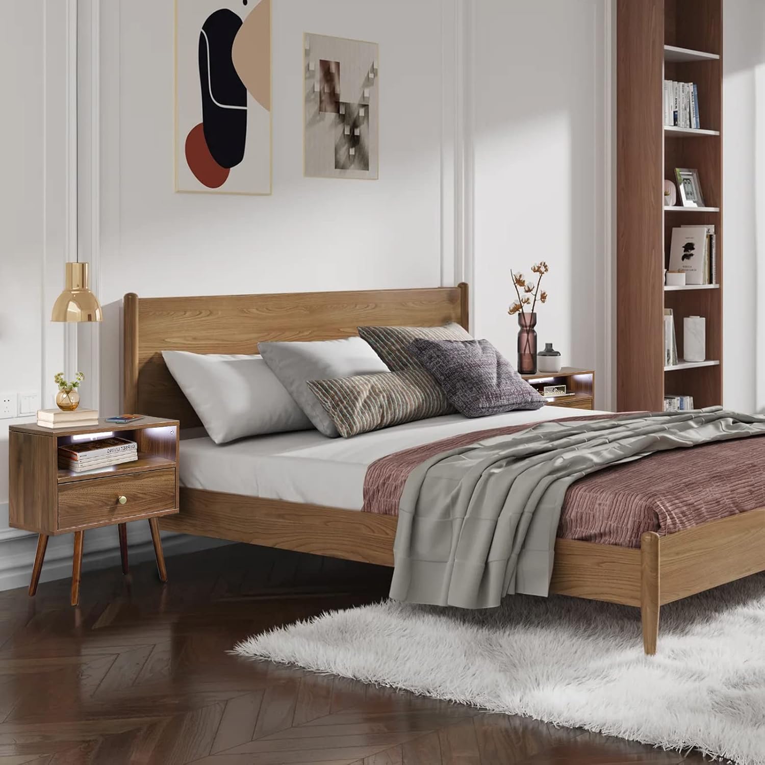 Wooden Nightstand with Outlet on Left - 20" W x 14" D x 24" H Large Bedside Table with Adjustable Led Light and Wireless Charger, Wide Wood End Table with Single Drawer, Dark Walnut Nightstand