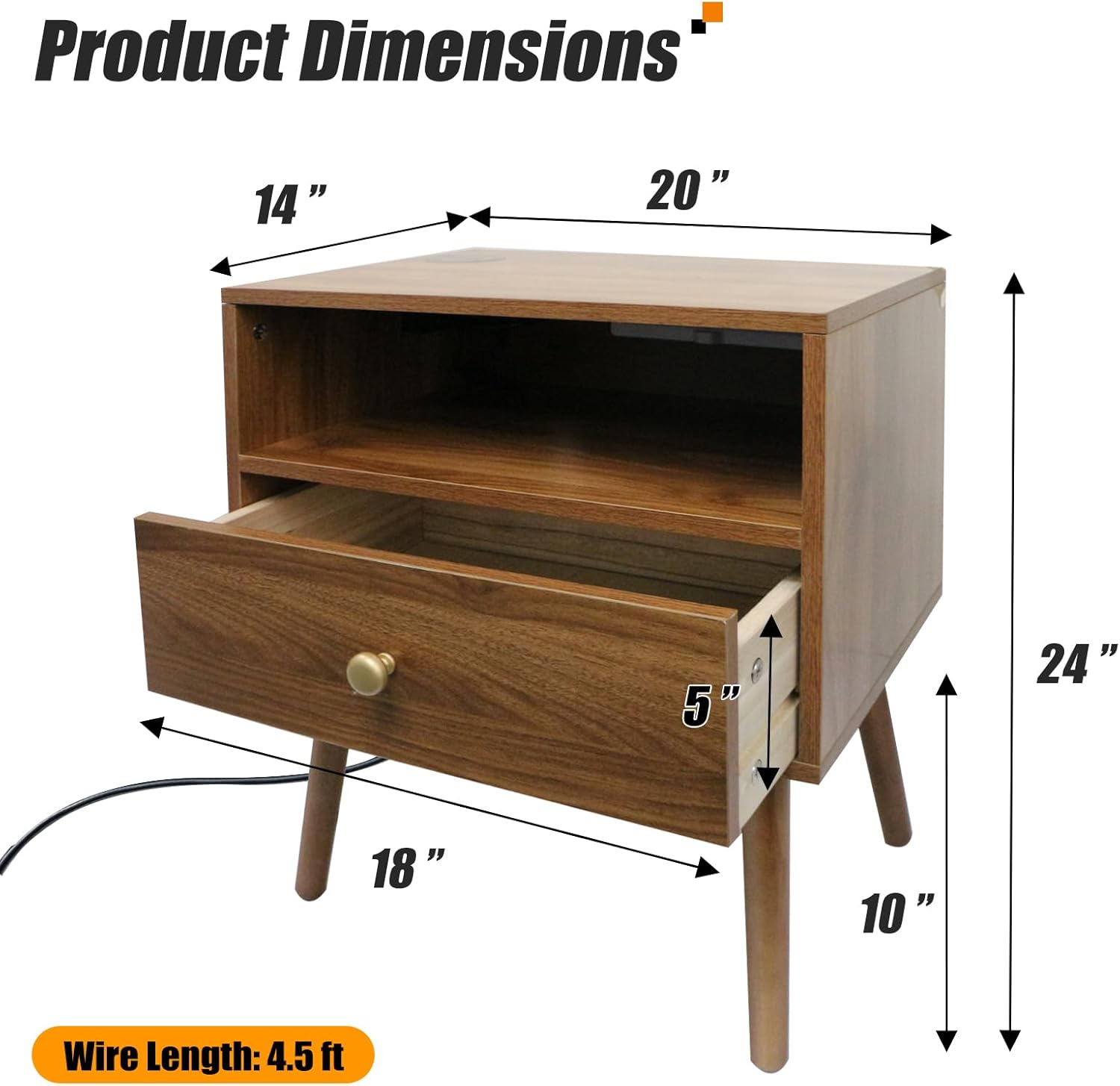 Wooden Nightstand with Outlet on Left - 20" W x 14" D x 24" H Large Bedside Table with Adjustable Led Light and Wireless Charger, Wide Wood End Table with Single Drawer, Dark Walnut Nightstand