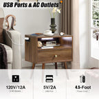 Wooden Nightstand with Outlet on Left - 20" W x 14" D x 24" H Large Bedside Table with Adjustable Led Light and Wireless Charger, Wide Wood End Table with Single Drawer, Dark Walnut Nightstand