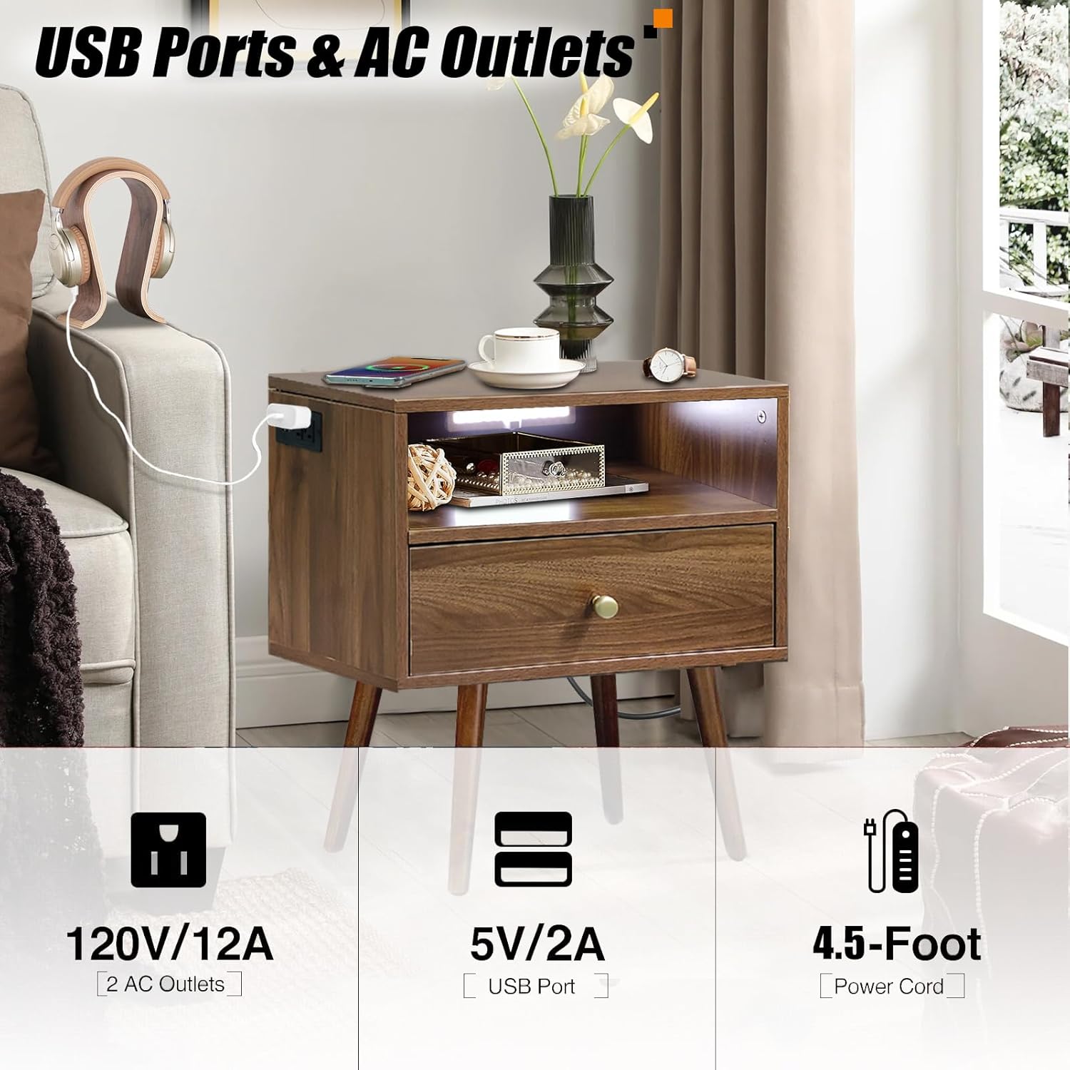 Wooden Nightstand with Outlet on Left - 20" W x 14" D x 24" H Large Bedside Table with Adjustable Led Light and Wireless Charger, Wide Wood End Table with Single Drawer, Dark Walnut Nightstand