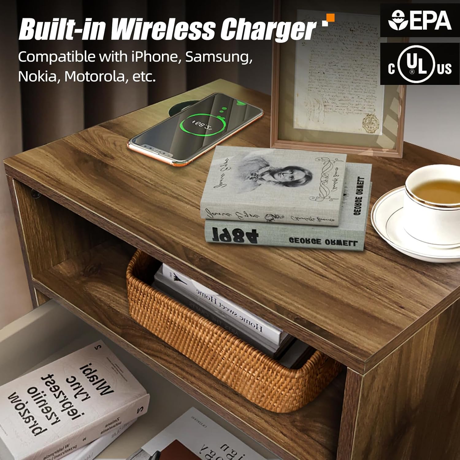Wooden Nightstand with Outlet on Left - 20" W x 14" D x 24" H Large Bedside Table with Adjustable Led Light and Wireless Charger, Wide Wood End Table with Single Drawer, Dark Walnut Nightstand