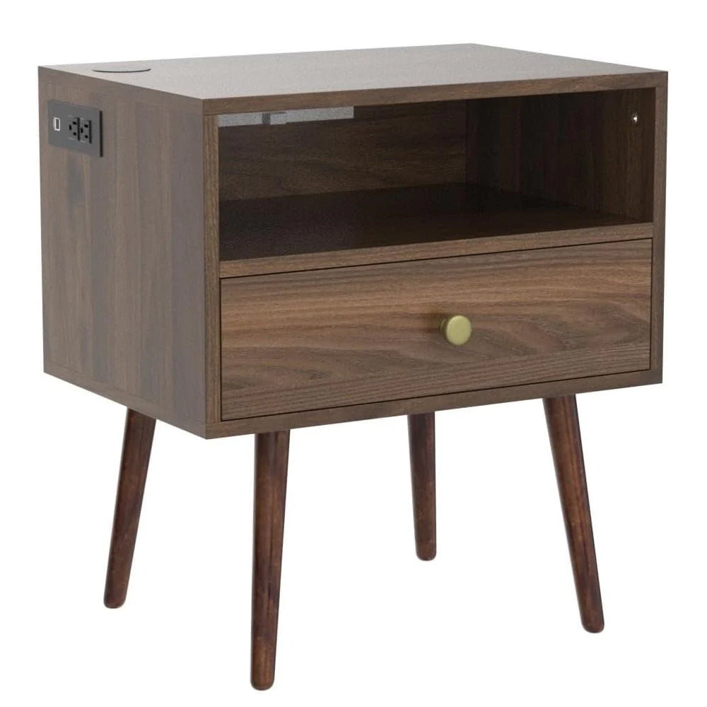Wooden Nightstand with Outlet on Left - 20" W x 14" D x 24" H Large Bedside Table with Adjustable Led Light and Wireless Charger, Wide Wood End Table with Single Drawer, Dark Walnut Nightstand