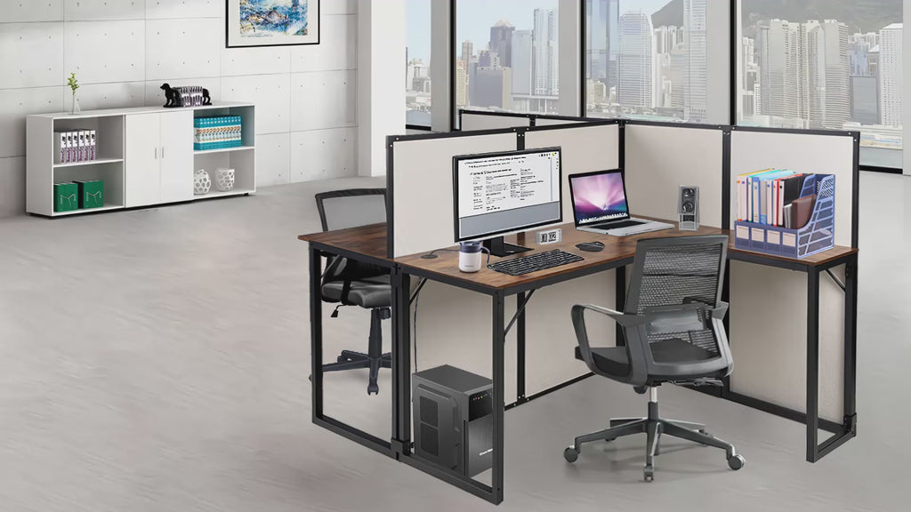 2 Person Cubicle Computer Desk with Privacy Panels - 95”L x 47”W x 47”H Wood and Metal Office Cubicle Workstation with Bamboo Fiber Panels, L-Shape Cubicle Table for Office