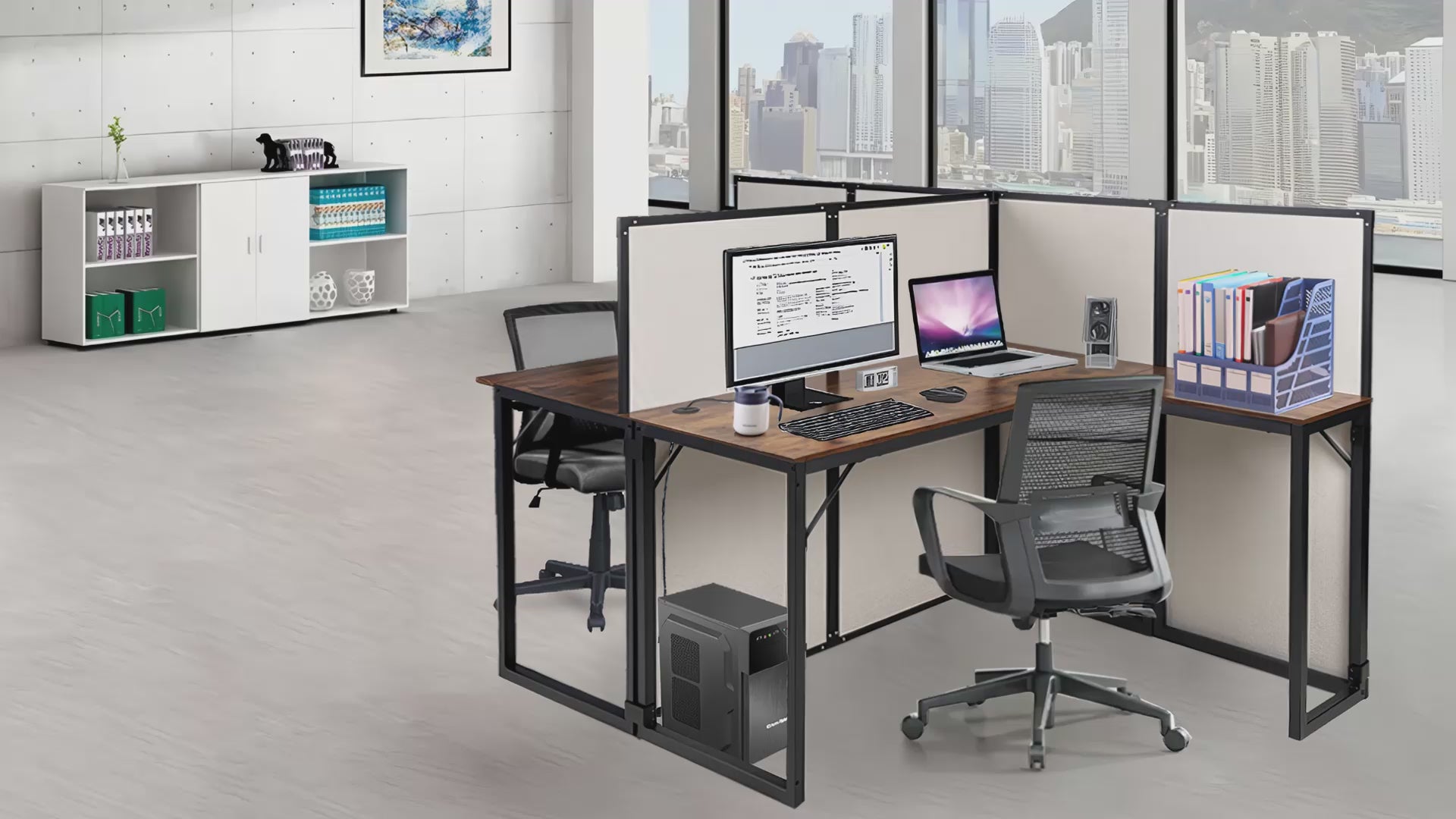 2 Person Cubicle Computer Desk with Privacy Panels - 95”L x 47”W x 47”H Wood and Metal Office Cubicle Workstation with Bamboo Fiber Panels, L-Shape Cubicle Table for Office