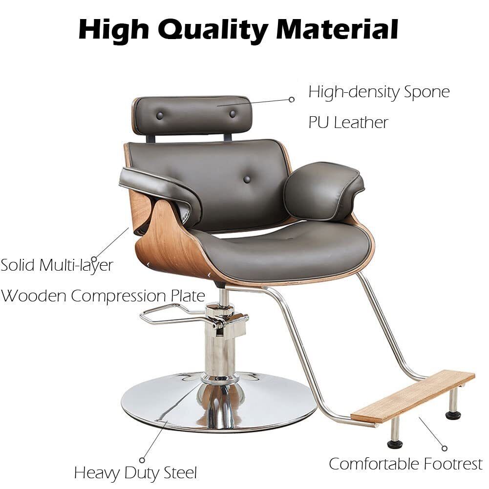 Salon Chair for Hair Stylist, 23.6" Extra Wider Seat Barber Chair, 360 Degree Swivel - Retro Hair Salon Chair - Height Adjustable, Wood Frame & Hydraulic Pump, Vintage Styling Chair Brown