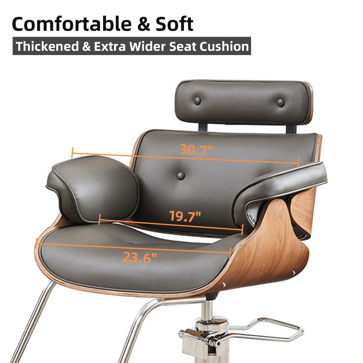 Salon Chair for Hair Stylist, 23.6" Extra Wider Seat Barber Chair, 360 Degree Swivel - Retro Hair Salon Chair - Height Adjustable, Wood Frame & Hydraulic Pump, Vintage Styling Chair Brown