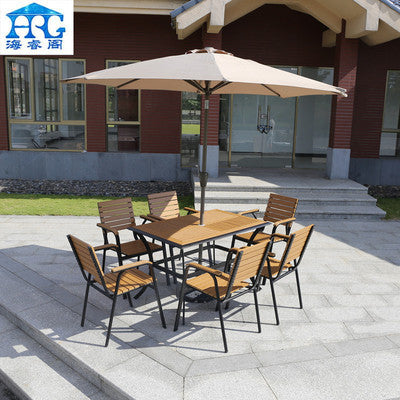 Outdoor Plastic Wood Tables And Chairs Courtyard Garden Leisure Furniture Catering Outdoor Cafe Villa Iron Tables And Chairs