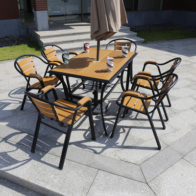 Outdoor Plastic Wood Tables And Chairs Courtyard Garden Leisure Furniture Catering Outdoor Cafe Villa Iron Tables And Chairs