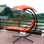Outdoor Hanging Curved Steel Chaise Lounge Chair Swing w/Built-in Pillow and Removable Canopy