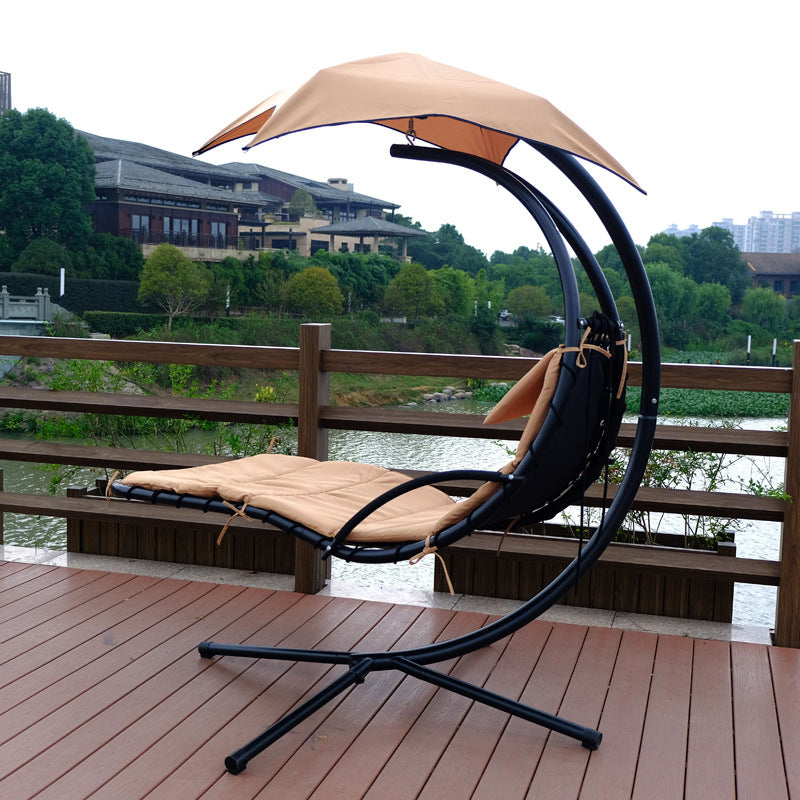 Outdoor Hanging Curved Steel Chaise Lounge Chair Swing w/Built-in Pillow and Removable Canopy