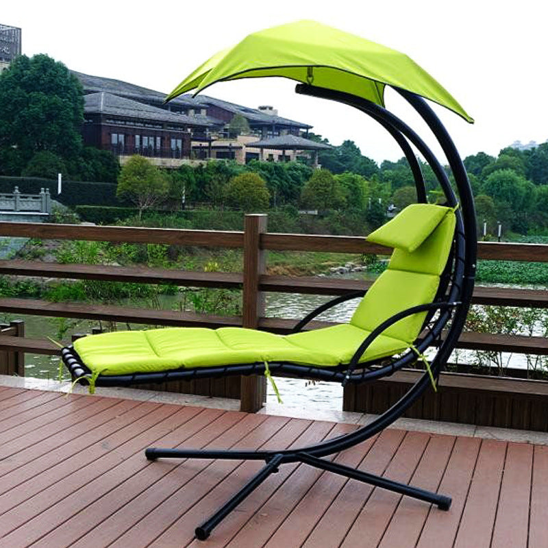 Outdoor Hanging Curved Steel Chaise Lounge Chair Swing w/Built-in Pillow and Removable Canopy