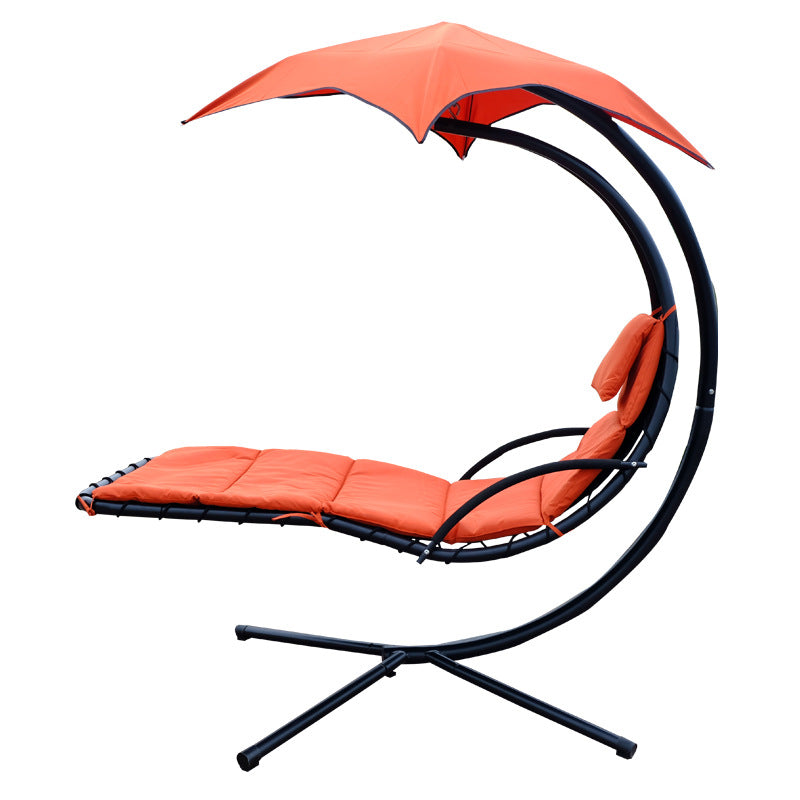 Outdoor Hanging Curved Steel Chaise Lounge Chair Swing w/Built-in Pillow and Removable Canopy