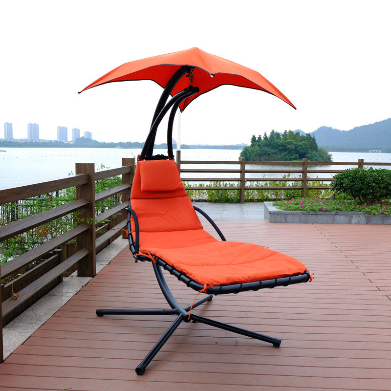 Outdoor Hanging Curved Steel Chaise Lounge Chair Swing w/Built-in Pillow and Removable Canopy