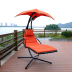 Outdoor Hanging Curved Steel Chaise Lounge Chair Swing w/Built-in Pillow and Removable Canopy
