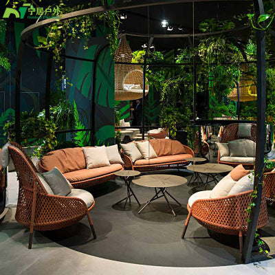 Outdoor Rattan Chair Sofa Combination Terrace Balcony Courtyard Hotel Sunshine Room Rattan Weaving Art Leisure Chair Outdoor Sofa Chair