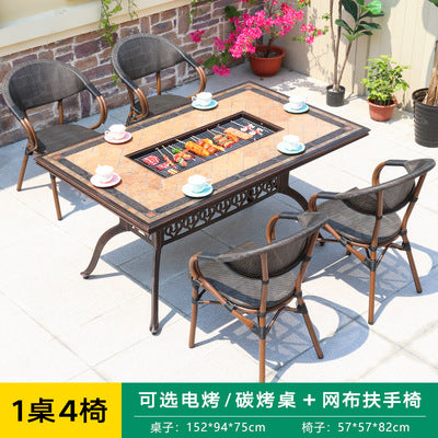 Outdoor Barbecue Table Multi-purpose Cast Aluminum Plate Carving Charged Carbon Oven Hot Pot Baking Plate Ceramic Tile Barbecue Table And Chair Combination