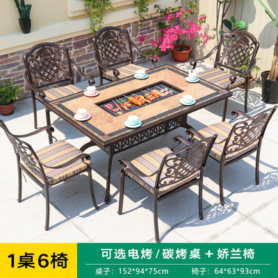 Outdoor Barbecue Table Multi-purpose Cast Aluminum Plate Carving Charged Carbon Oven Hot Pot Baking Plate Ceramic Tile Barbecue Table And Chair Combination