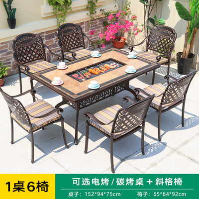 Outdoor Barbecue Table Multi-purpose Cast Aluminum Plate Carving Charged Carbon Oven Hot Pot Baking Plate Ceramic Tile Barbecue Table And Chair Combination