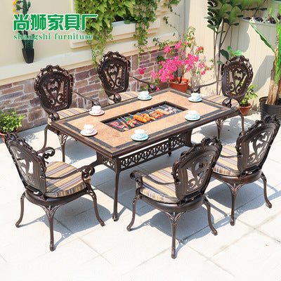 Outdoor Barbecue Table Multi-purpose Cast Aluminum Plate Carving Charged Carbon Oven Hot Pot Baking Plate Ceramic Tile Barbecue Table And Chair Combination