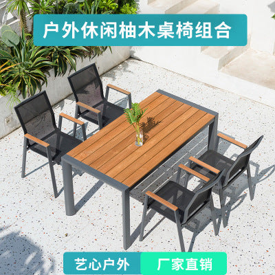 Imitation Wood Teslin Net Cloth Outdoor Tables And Chairs Courtyard Balcony Leisure Tables And Chairs Combination Aluminum Alloy Rattan Chair Outdoor Furniture