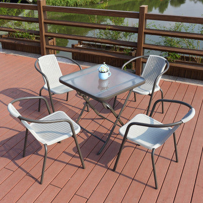 Rattan Chair Three Piece Set Courtyard Iron Art Outdoor Leisure Outdoor Rattan Table And Chair Combination Coffee Shop Stall Chair With Umbrella
