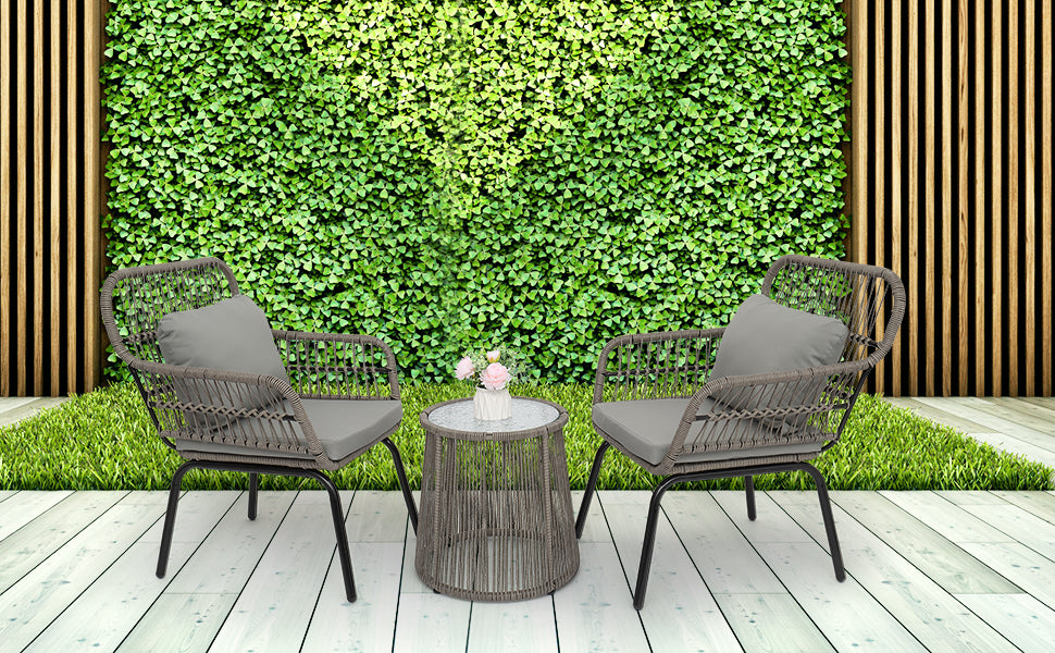 3-Piece Patio Wicker Conversation Bistro Set, Outdoor All-Weather Wicker Furniture