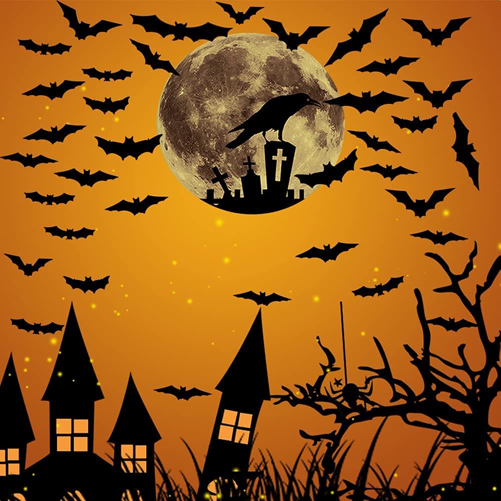 3D Crow Moon Halloween Bats Decor
