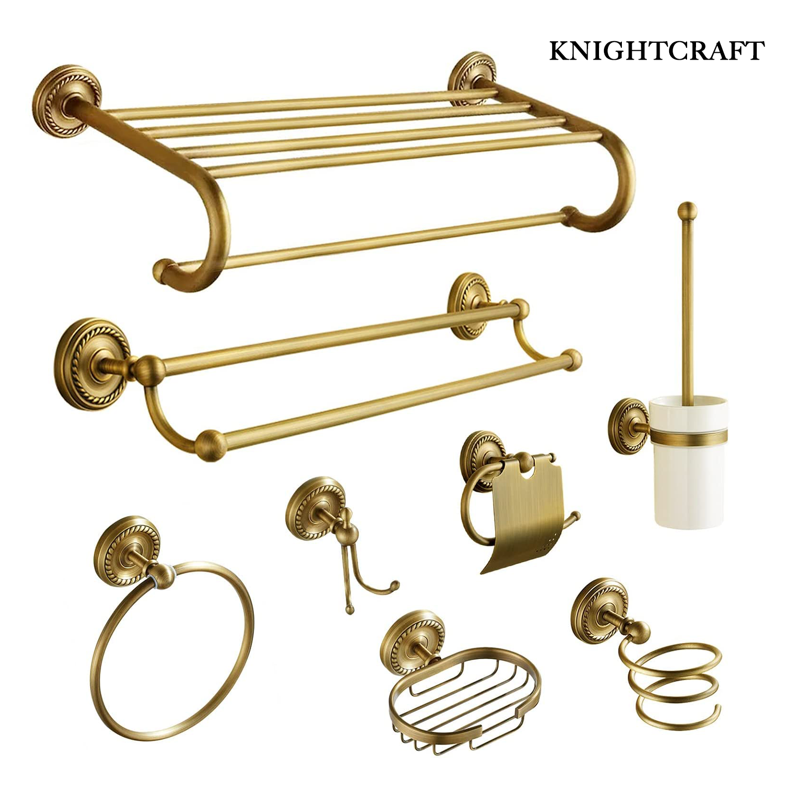 KNIGHTCRAFT 8PCS Antique Brass Gold Bathroom Accessories Set